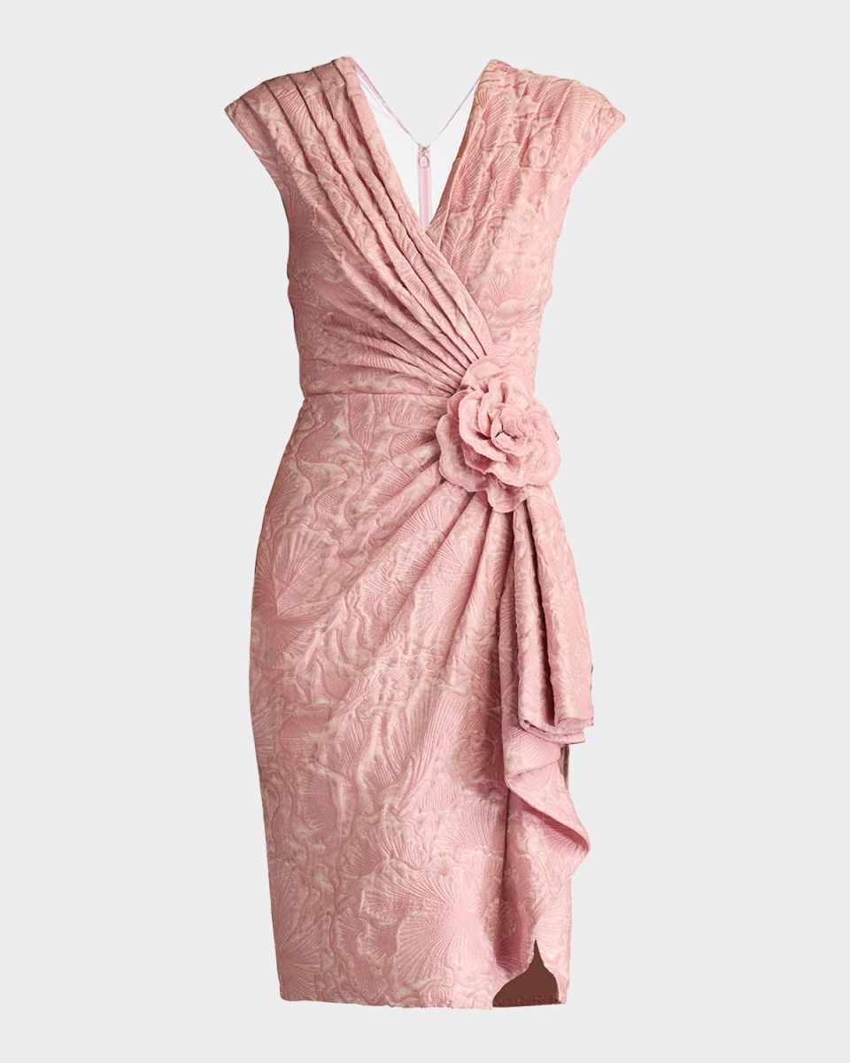 Pleated Floral Applique Jacquard Dress